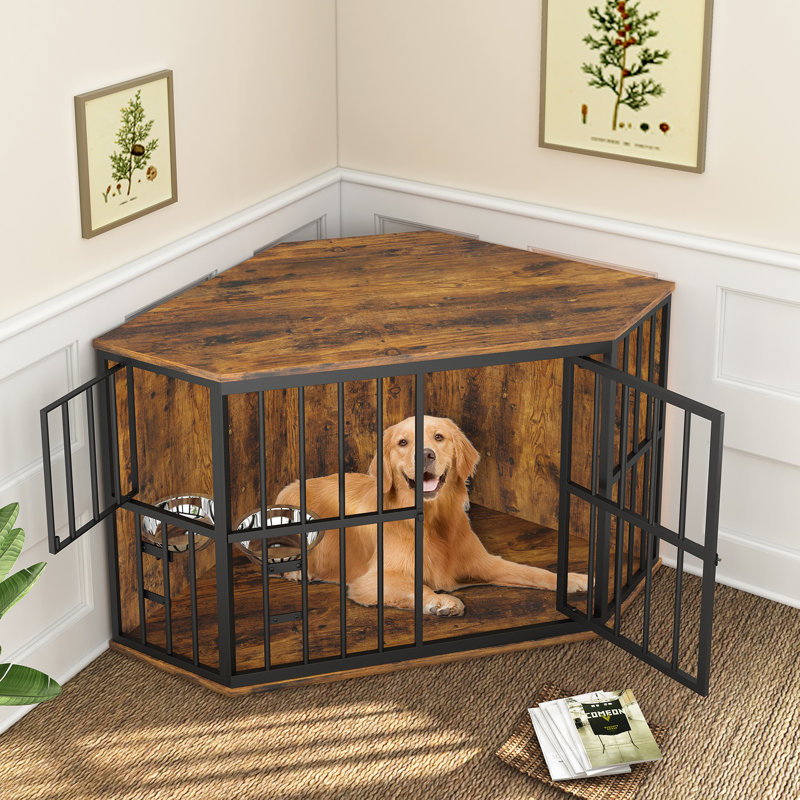 Tucker Murphy Pet 42 Inch Furniture Dog Crate Corner Dog Kennel Corner Wooden End Table With Bowl Indoor Pet Crates Corner Side Table For Dogs Wide Top Perfect For Limited Room